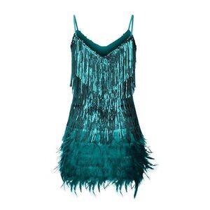 Teal Fringe and Feather Dress